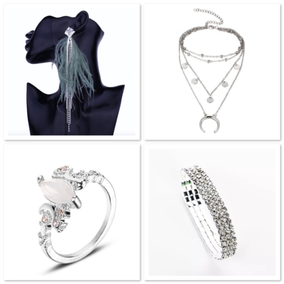 🌸 4PC SET EARRINGS NECKLACE BRACELET RING BOHO DIMOND BUNDLE RHINESTONE BLING - Picture 6 of 6